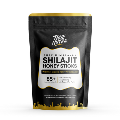 True Nutra Pure Himalayan Shilajit Honey Sticks with Raw Organic Honey Fulvic Acid 85+ Essential Minerals Fast Absorbing Long Lasting 10 Sticks